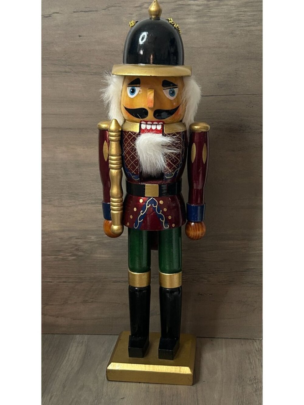 Vintage Wooden Nutcracker Soldier Decor With Faux Fur Accents & Movable Mouth